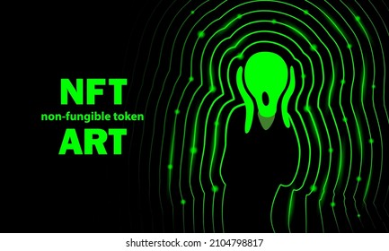 NFT art banner with The Scream picture. Abstract neon digital art with screaming outline silhouette by Edvard Munch.