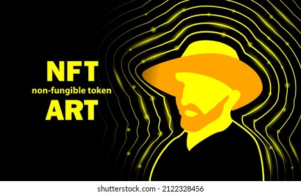 NFT art banner with Vincent Van Gogh in a straw hat. Abstract neon digital art with Vincent Van Gogh self-portrait outline silhouette.