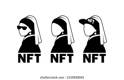 NFT art collection Girl with a Pearl Earring. Black and white NFT character set with Girl and Pearl Earring silhouette.