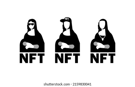 NFT art collection with Mona Lisa. Black and white NFT character set with Mona Lisa silhouette.