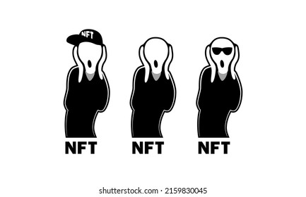 NFT art collection with The Scream picture. Black and white NFT character set with screaming silhouette by Edvard Munch.