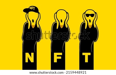 NFT art collection with The Scream picture. Flat minimalistic NFT character set with screaming silhouette by Edvard Munch.