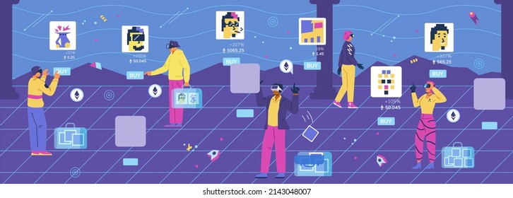 NFT art gallery in metaverse with people choosing and buying art flat vector illustration. People in VR headsets with briefcases with NFT portfolio in cyberspace visiting art exhibition.