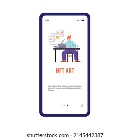 NFT art stock onboarding mobile app page mockup, flat cartoon vector illustration isolated on background. Start page screen for NFT non-fungible token marketplace.