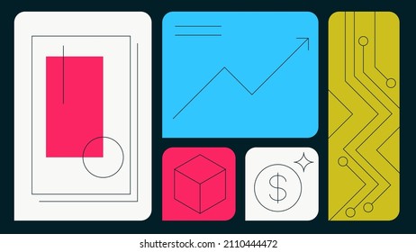 NFT Art Vector Illustration. Digital Art With Going Up Graph, Dollar Sign And Microchip. Non Fungible Token Art Market Prices Rise Concept. Simple Colourful Cartoon Design.