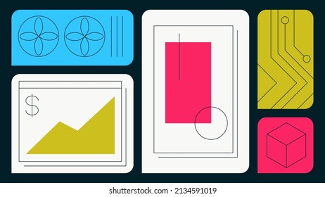 Ilustración vectorial de arte NFT. Arte digital con gráfico ascendente con signo de dólar, microchip y tarjeta gráfica. El concepto de aumento de los precios del arte simbólico no fungible. Sencillo diseño de dibujos animados coloridos.