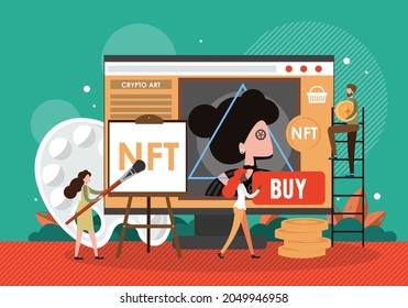 NFT Künstler erstellen digitale Kunstwerke mit Bürste auf dem Bildschirm, Vektorgrafik. Kryptokunst. Ethereum Blockchain.