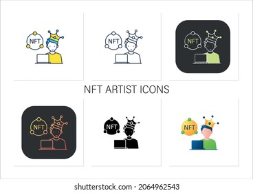 NFT artist icons set. Content creator. Crypto artist. Creating more NFTs works. Having copyright. 3d vector illustration