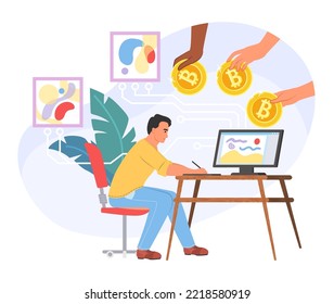 Nft Artist Illustration. Crypto Art Vector. Creating Assets For Marketplace. Hand Giving Money Token Bitcoin. Digital Auction, Metaverse And Online Business Concept