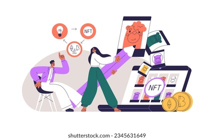 NFT artist and manager. Creative person drawing digital art for non-fungible token trade. NFTs business, marketing, promotion concept. Flat graphic vector illustration isolated on white background