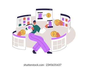 NFT artist sells digital art at blockchain market. Nonfungible tokens, online trade concept. Earn with non-fungible crypto assets, NFTs. Flat graphic vector illustration isolated on white background