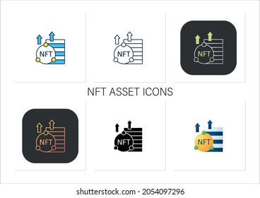 NFT asset icons set. Unique digital assets. Growth. Cryptocurrency concept. Collection of icons in linear, filled, color styles.Isolated vector illustrations