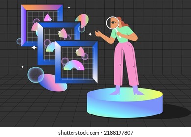 NFT Auction. Flat Vector Illustration With Woman At The Virtual Gallery Buying Or Selling Digital Art. Concept Of Metaverse.