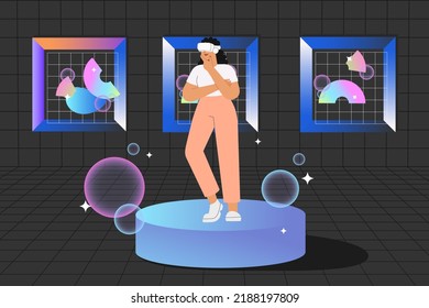 NFT Auction. Flat Vector Illustration With Woman At The Virtual Gallery Buying Or Selling Digital Art. Concept Of Metaverse.