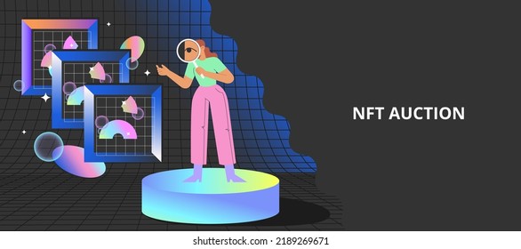 NFT Auction. Flat Vector Illustration With Woman At The Virtual Gallery Buying Or Selling Digital Art. Concept Of Metaverse.