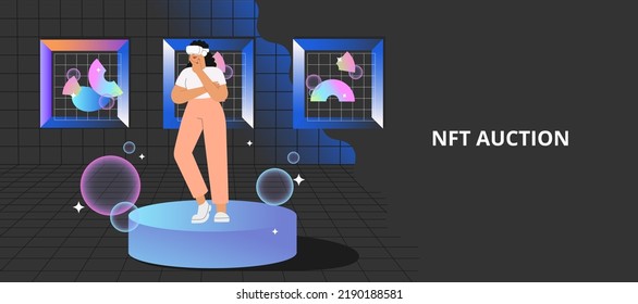 NFT Auction. Flat Vector Illustration With Woman At The Virtual Gallery Buying Or Selling Digital Art. Concept Of Metaverse.