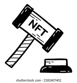 NFT auction, judge's hammer and gavel doodle black icon