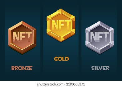 NFT otorga la insignia para los recursos de juego en diferentes metales. Insignia de oro, plata y bronce. Criptodivisa, divisa de Internet de NFT-token del futuro