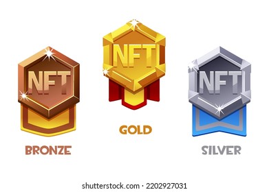 NFT award badge for game resources in different metals. Gold, silver and bronze award badge. Cryptocurrency, NFT-token Internet currency of the future svg