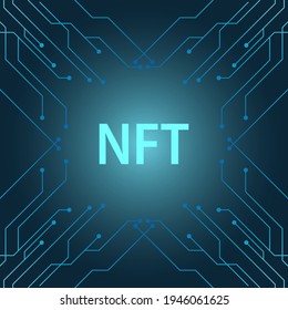 Banner NFT de cripto art con pistas pcb. token no fungible de NFT en fondo azul. Crypto art. Ilustración vectorial