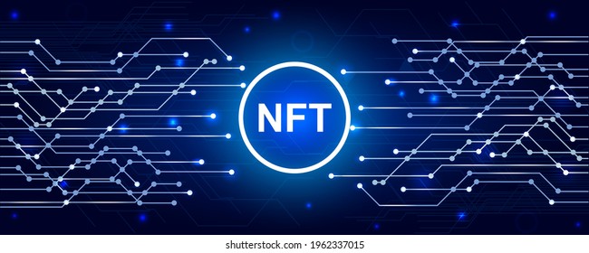 Banner NFT de cripto art con pistas pcb. token no fungible de NFT en fondo azul. Arte criptográfico - vector de stock