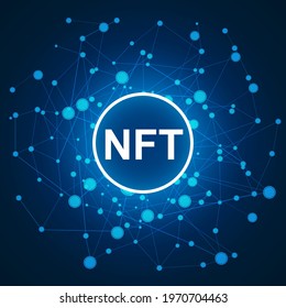 NFT banner of crypto art with pcb tracks. NFT non fungible token on blue background. Crypto art - vector