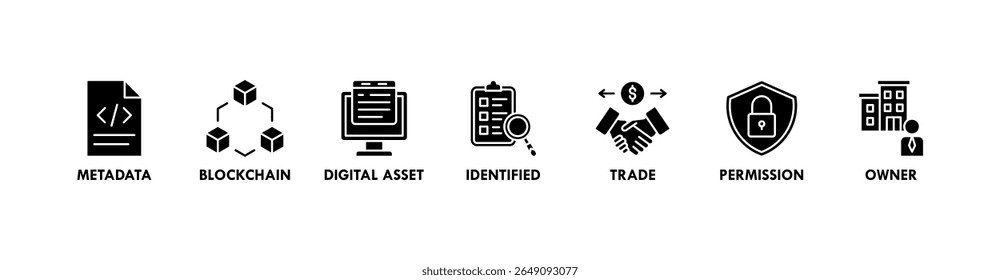 Nft banner web icon vector illustration concept with icon of metadata, blockchain, digital asset, identified, trade, permission and owner