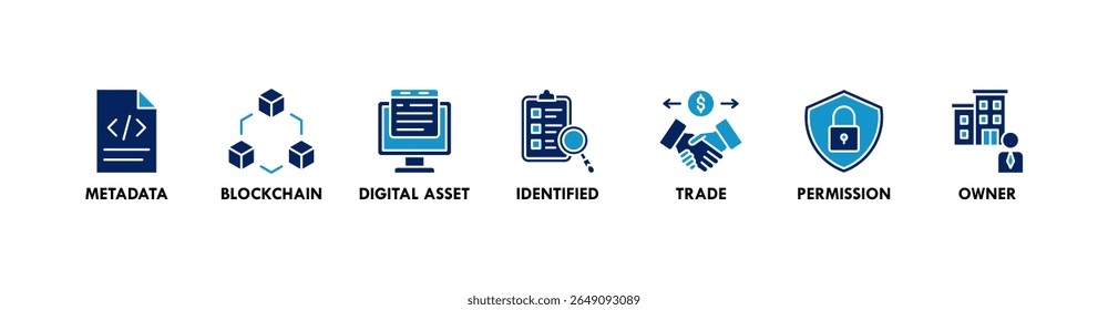 Nft banner web icon vector illustration concept with icon of metadata, blockchain, digital asset, identified, trade, permission and owner