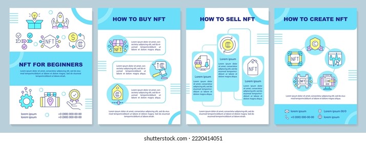 NFT for beginners blue brochure template. Crypto art business. Leaflet design with linear icons. Editable 4 vector layouts for presentation, annual reports. Arial-Black, Myriad Pro-Regular fonts used