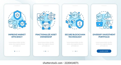NFT benefits blue onboarding mobile app screen. Digital artworks walkthrough 4 steps editable graphic instructions with linear concepts. UI, UX, GUI template. Myriad Pro-Bold, Regular fonts used