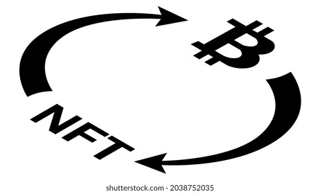 NFT und Bitcoin BTC-Umlauf isometrisches Konzept mit Symbolen und zyklischen Pfeilen in monochrome Silhouette einzeln auf weiß. Rotation von nicht fungiblen Token und digitalem Geld. Vectordesign-Element.
