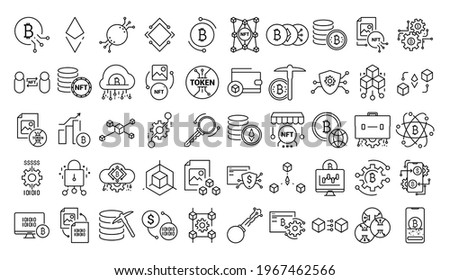 Nft, bitcoin, token, mining. Set of 50 line icons. Non-fungible tokens, cryptocurrency and blockchain collection. 
Vector illustration isolated on white background.