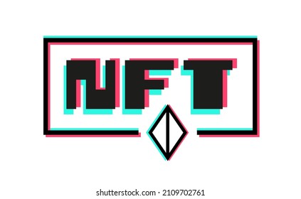 NFT Blockchain glitch type crypto banner vector design with pixel future cyber neon theme. Non Fungible Token background template.