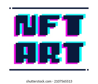 NFT Blockchain type crypto banner vector design with pixel future cyber neon theme. Non Fungible Token background template.