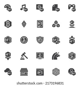 Conjunto de iconos vectoriales de la cadena de bloqueo de NFT, colección de símbolos sólidos modernos no fungibles, paquete de pictogramas estilo relleno. Señales, ilustración del logotipo. El conjunto incluye iconos como arte nft, música, video, copyright