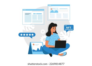 NFT blue concept with people scene in the flat cartoon design. Girl works with digital data on the Internet and earns money. Vector illustration.