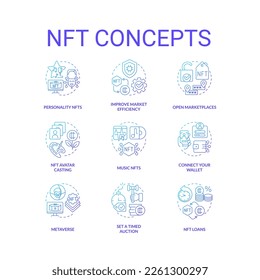 Iconos de concepto de gradiente azul de NFT. Tecnología Blockchain. Ganar dinero en las ilustraciones en color de la idea del ciberespacio. Símbolos aislados. Fuentes Roboto-Medium, Myriad Pro-Bold utilizadas