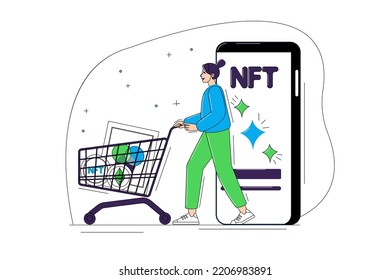 NFT blue and green concept with people scene in the flat cartoon design. Girl appropriates pictures from the Internet. Vector illustration.