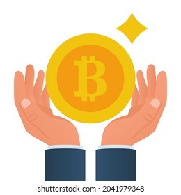 NFT card bitcoin hold in hand. Coin bitcoin. Mining crypto currency. Digital money. Vector illustration cartoon design. Blockchain cryptocurrency. Isolated on white background. Virtual earning money.