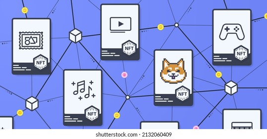 NFT cards with crypto objects of art, sports, music, video, games items on sale and blockchain in the background. Online NFT collectibles market in trendy modern colors.