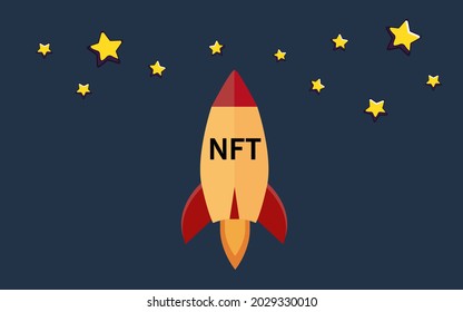 Monedas de Nft Buque de cohetes volando con éxito. Concepto de desarrollo. Criptodivisa única no fungible.