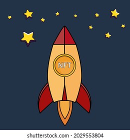 Nft coins Rocket ship flying with success. Developement concept. Nonfungible unique cryptocurrency.