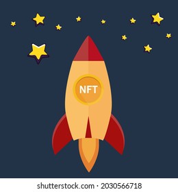 Nft coins Rocket ship flying with success. Developement concept. Nonfungible unique cryptocurrency.