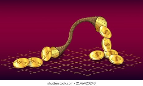 NFT coins are transferred through the pipe and converted into dollars USD on red. The concept of converting virtual NFTs into real money. Vector illustration.