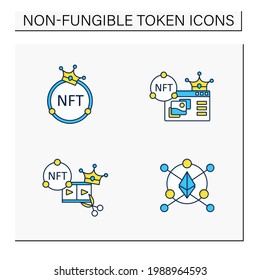 NFT color icons set. Ethereum blockchain. Video clips. Non fungible tokens supermarket.Unique digital assets. Digitalization concept. Isolated vector illustrations