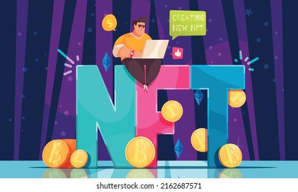 NFT colored background with male character sitting at laptop and creating new token flat vector illustration