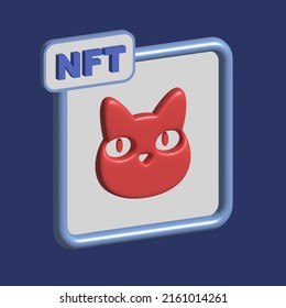 NFT concept 3d illustration with cat. Non-fungible token and digital items with crypto art. Vector stock illustration.