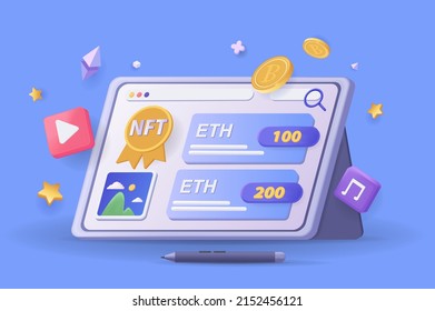 NFT concept 3D illustration. Icon composition with tablet display with marketplace interface, buying and selling unique digital artworks for cryptocurrency. Vector illustration for modern web design