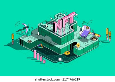 NFT concept 3d isometric outline web design. Selling digital art works and digital content on NFT marketplace, cryptocurrency investments. Vector web illustration with abstract line people composition