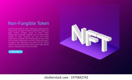 NFT concept, blockchain technology, cryptocurrency. Non-fungible token Work. Futuristic background, with elements in techno style microchips. Banner template design for web. Copyspace.